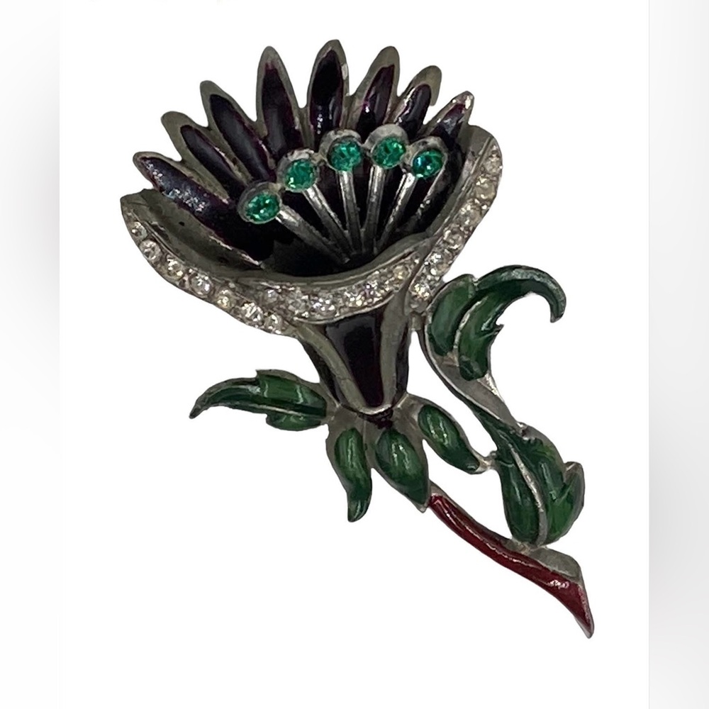 Rare Vintage Coro Enamel Rhinestone Trembler Flower Brooch Perfume Pocket
